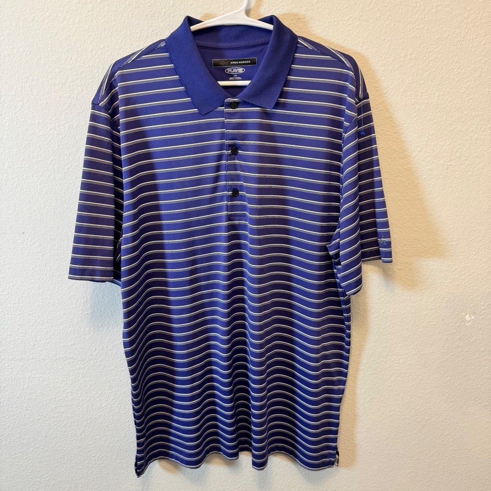 GREG NORMAN Mens PLAY DRY Blue White Striped Golf Polo Shirt L G‎